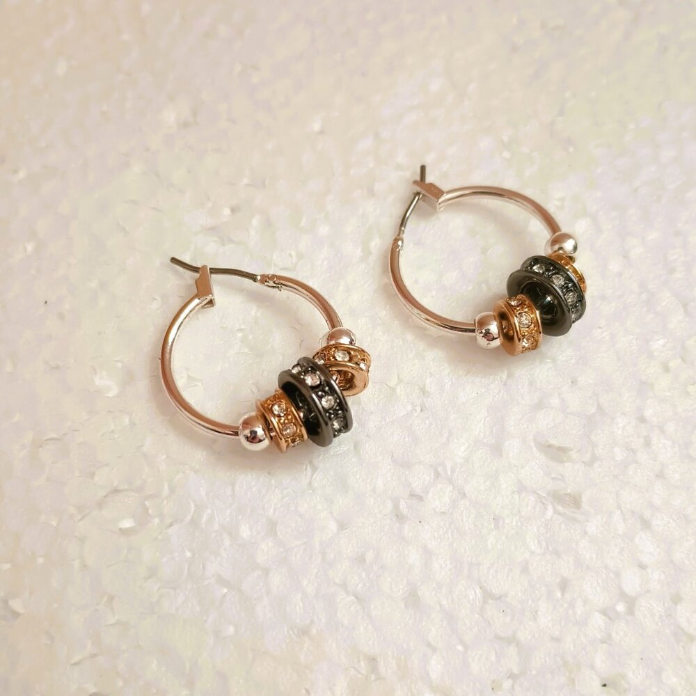 Women's Tri Tone Hoop Earrings Slider Beads with Rhinestones Jewelry